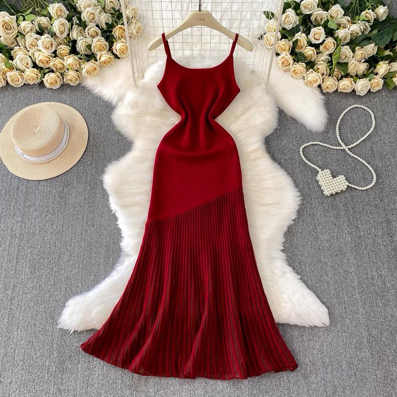 Summer Korean Style Women's Clothing Sleeveless Sweater Dress Tank Knit Long Dress with Fish Tail Woman Dresses