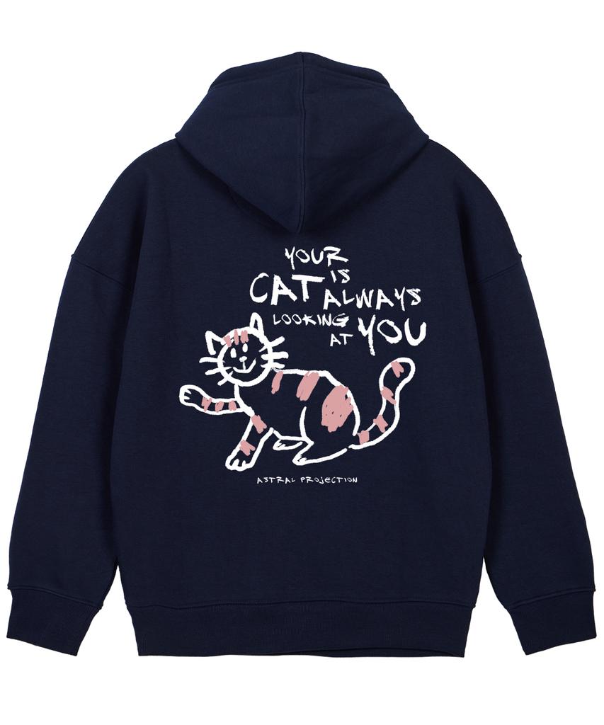 Doodle Cat Oversized Wide Shoulder Hoodie_Navy