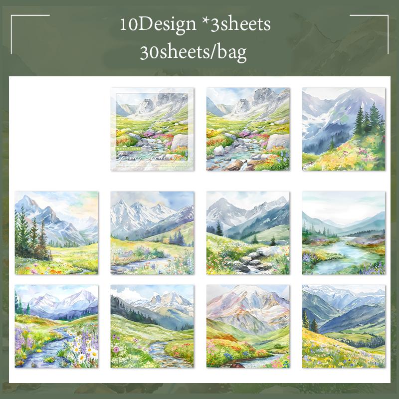 30sheets/bag  Material Paper Spring Watercolour Landscape Handbook Stationery DIY Handmade & Scrapbook Journal Decoration