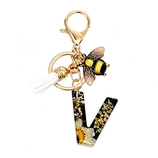 Dried Flower Letter Charm Bee Keychain Pendant Resin Black 1 Pc