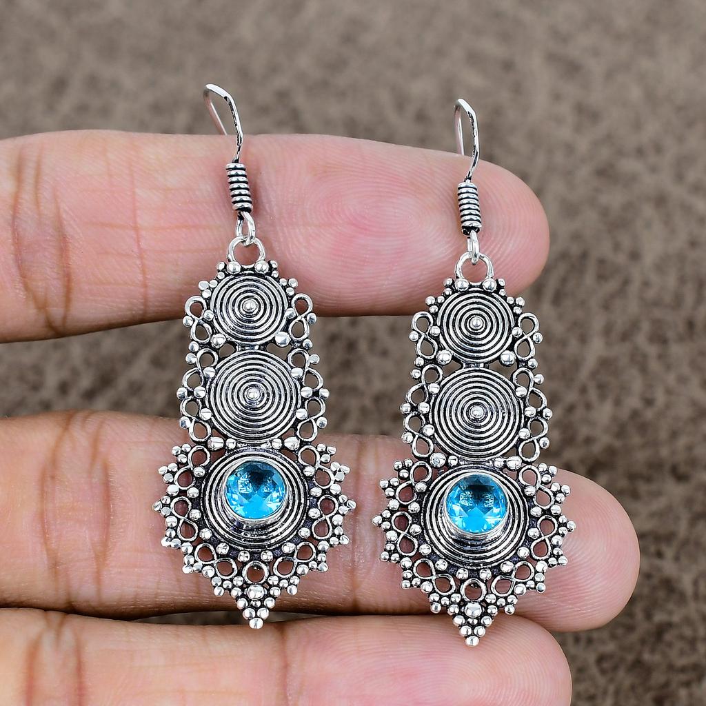 Swiss Blue Topaz Gemstone 925 Sterling Silver Jewelry Earring 2.25" KKG-758