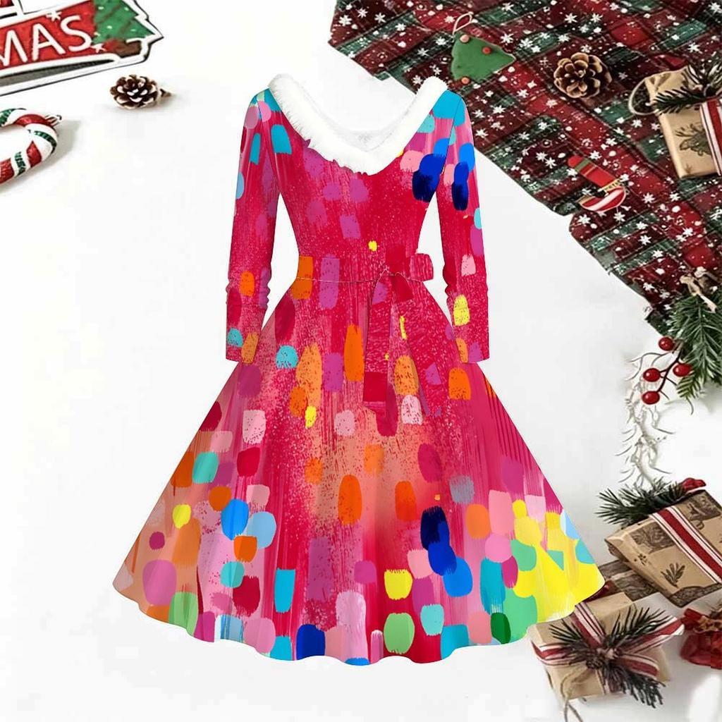 Women Geometric Pattern Print Midi Dress, Long Sleeve V‑Neck Furry Trim A‑Line Party Dress, Christmas Limited Edition