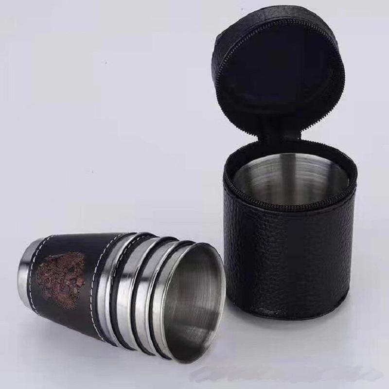 4 ks 70ml nerezových panáků s koženým pouzdrem Espresso panáky Barové potřeby Nápojová nádoba Kempování Domov Restaurace Hrneček