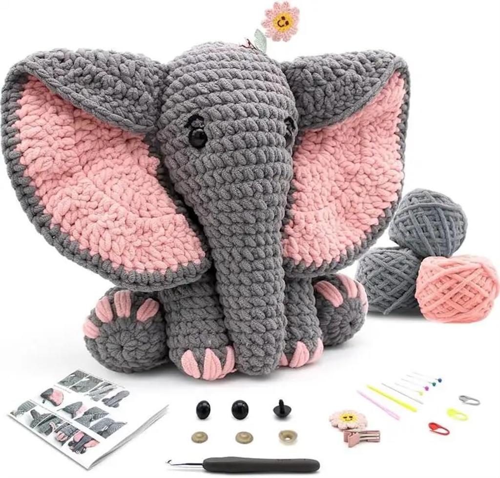 Crochet Amigurumi Kit Elephant Stuffed Animal Knitting Handmade Set Yarn Needlework Beginners Children Adults Crochet Amigurumi Needle Cotton With