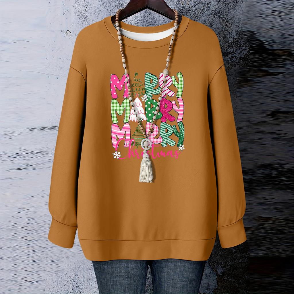 Damen Weihnachts-Print Rundhals Langarm T-Shirt Sweatshirt Oberteil