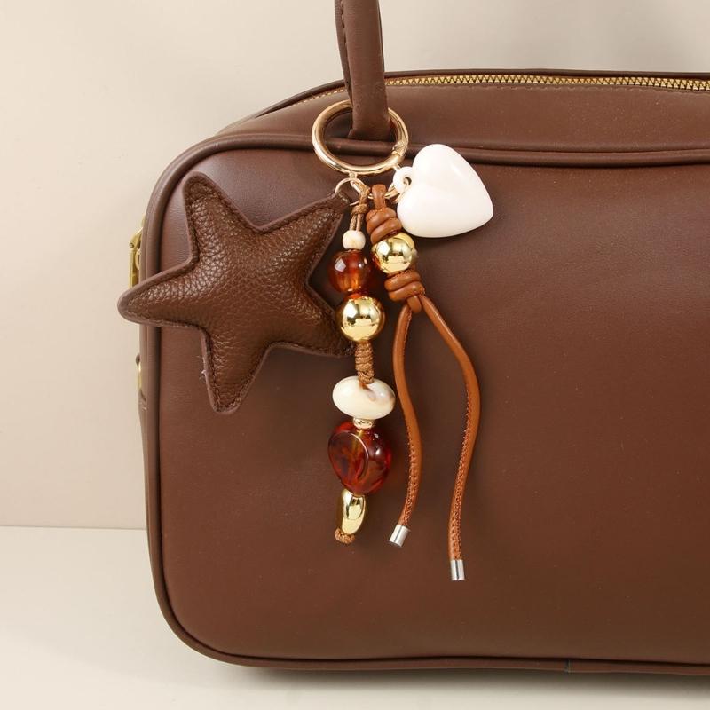 Bag Charm Keychain With Star Pendant Beaded Cord and Gold Tone Detail for Keys Daily Bags Purse Decoration and Daily Carry Styling Use
