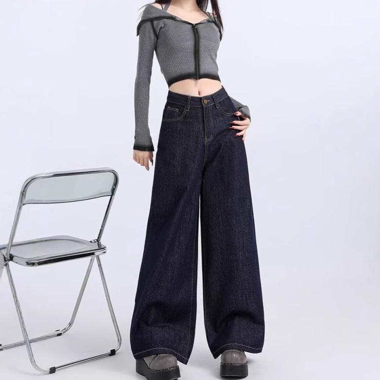 Dámské retro tmavě modré džíny s širokými nohavicemi a vysokým pasem 2025 - Jarní kolekce, Volný střih, Ležérní styl, Kalhoty s rovnými nohavicemi