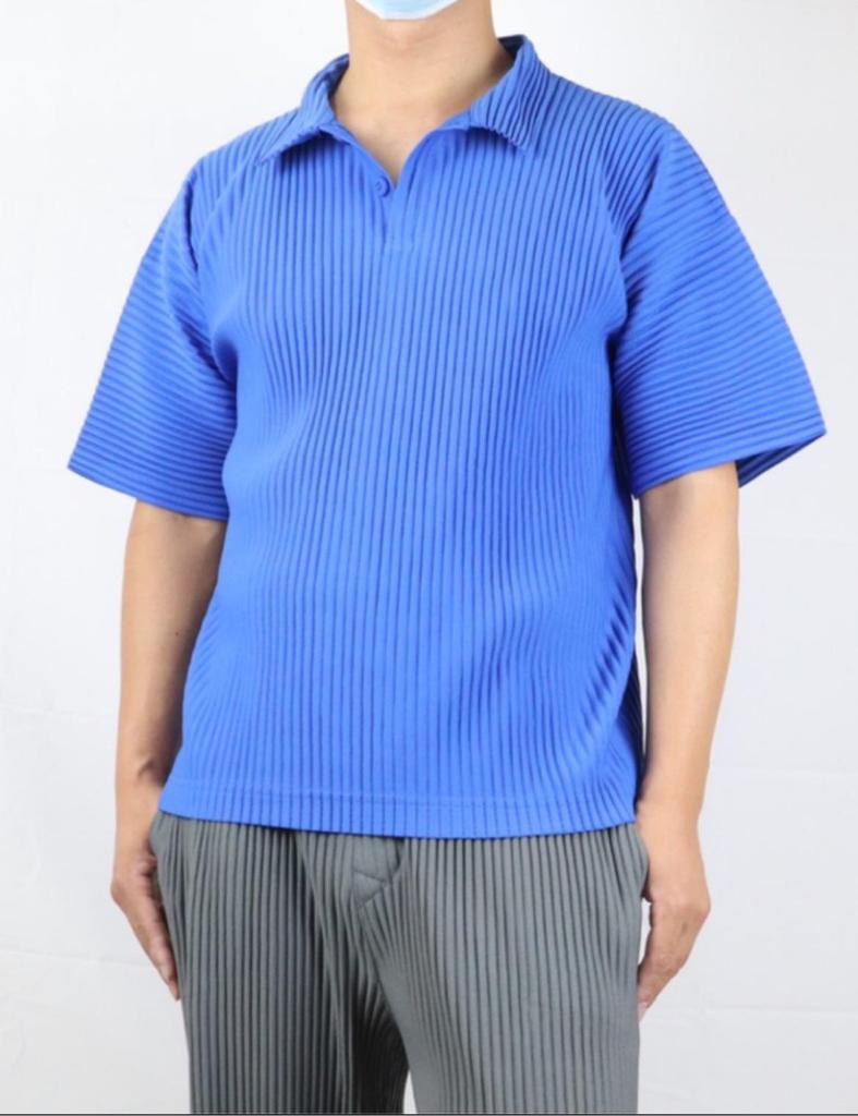 Miyake Men's Loose Fit Pleated Polo Shirt - Summer Breathable Short Sleeve with Turn-Down Collar, Solid Color (JM030)