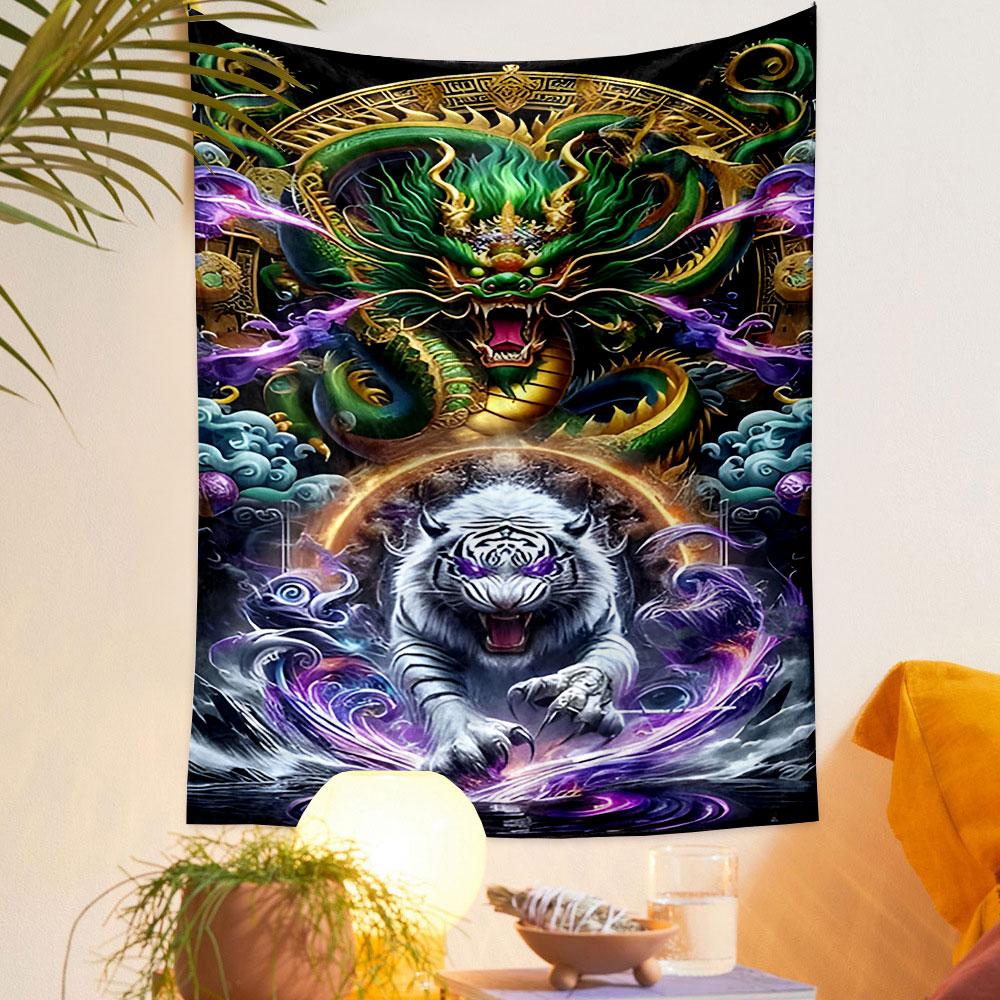 Dragon and White Tiger Mythical Tapestry Patterned Tapestry Home Decor, Suitable for Bedroom and Living Room, Gift