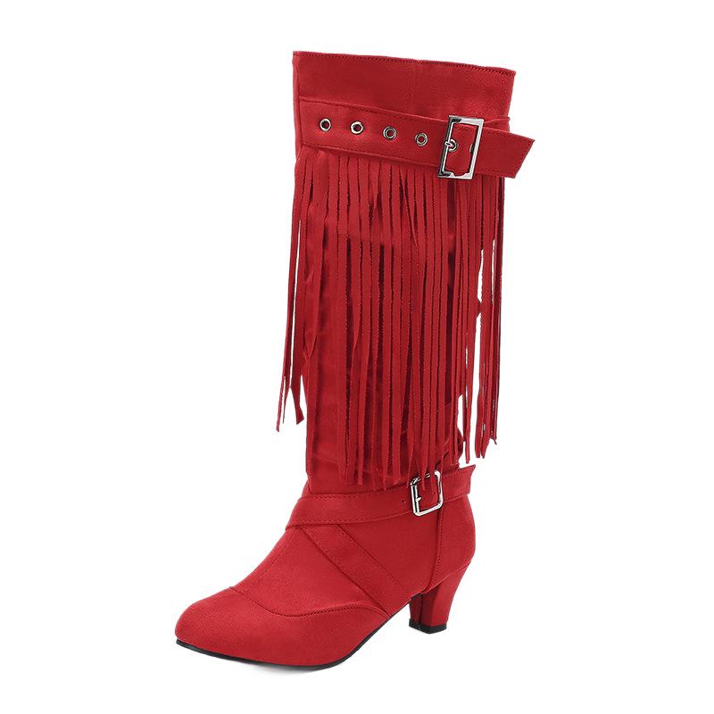Women's High-Heel Suede Over-the-Knee Boots with Fringe, Pointed Toe, Large Size 45