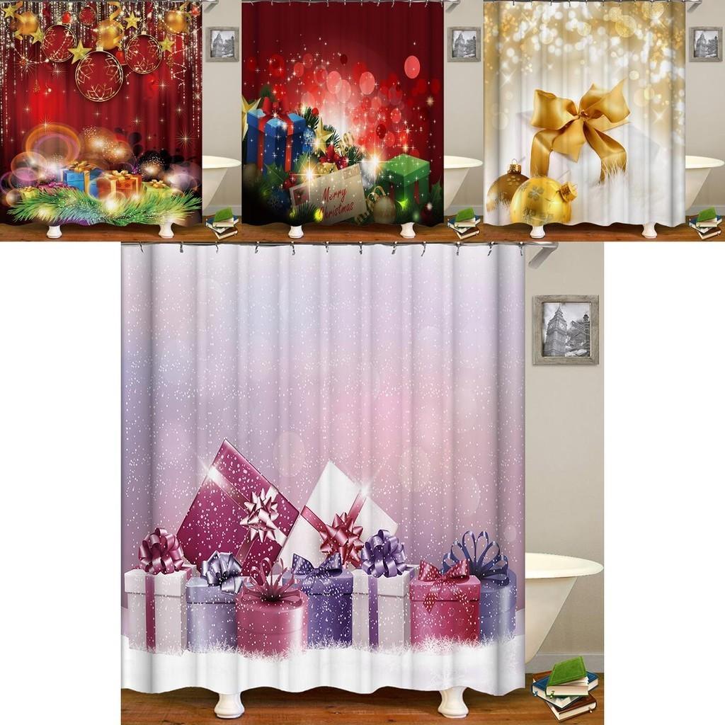 Festive Christmas Gift Boxes In Snow Shower Curtain Waterproof Fabric With Hooks