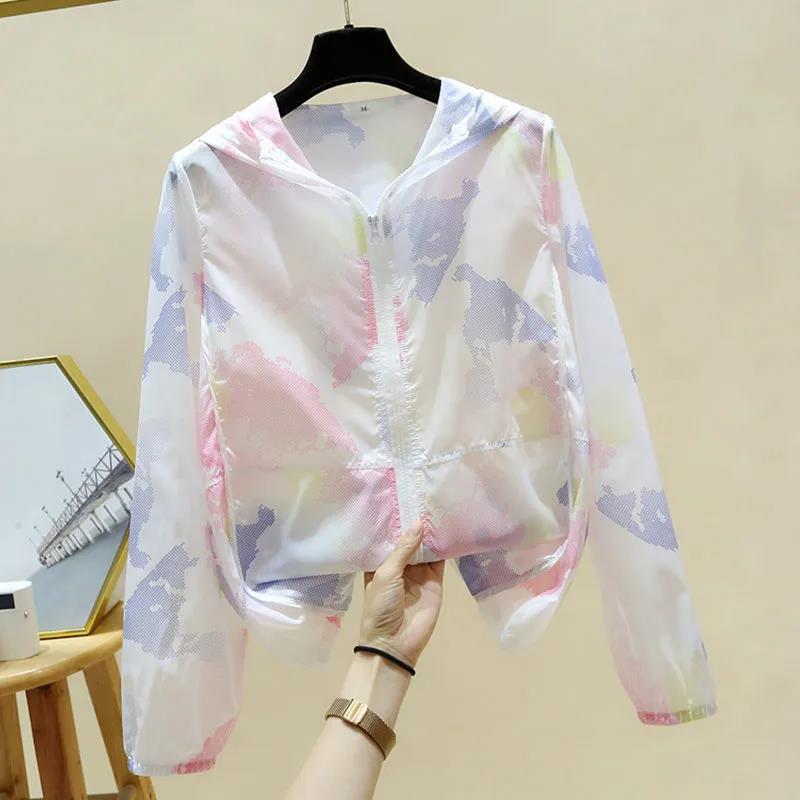 Letní tištěná dámská tenká ležérní bunda na opalování s dlouhým rukávem a kapucí