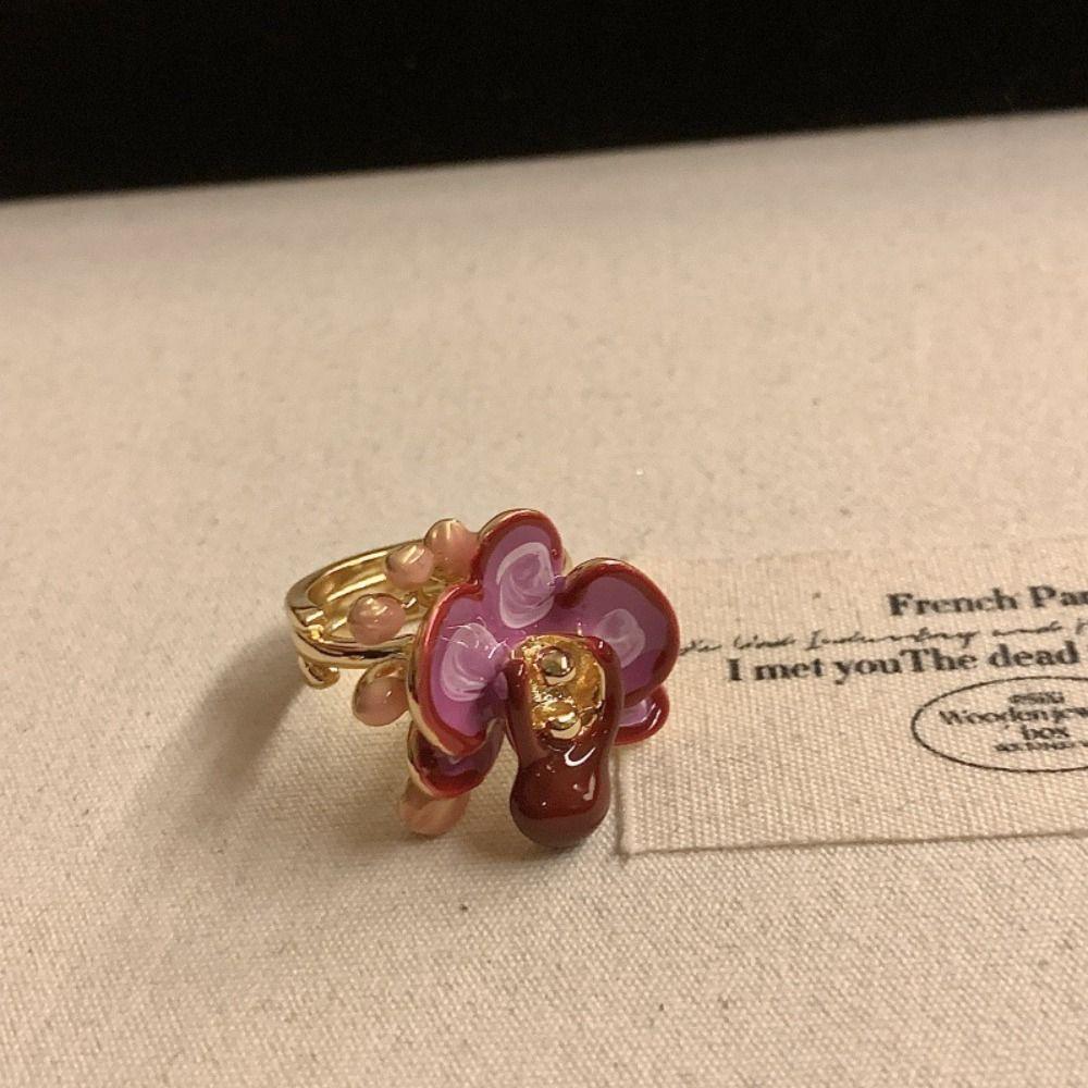 Butterfly Orchid Enamel Finger Ring Sweet French Irregular Ring Creative Drip Oil Flower Ring  Gift