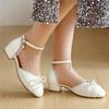 Fashion Spring Autumn Women Low Heels Mary Jane Pumps Party Wedding White Pink Beige String Bead Bow Princess Cosplay Lolita Shoes 31-48