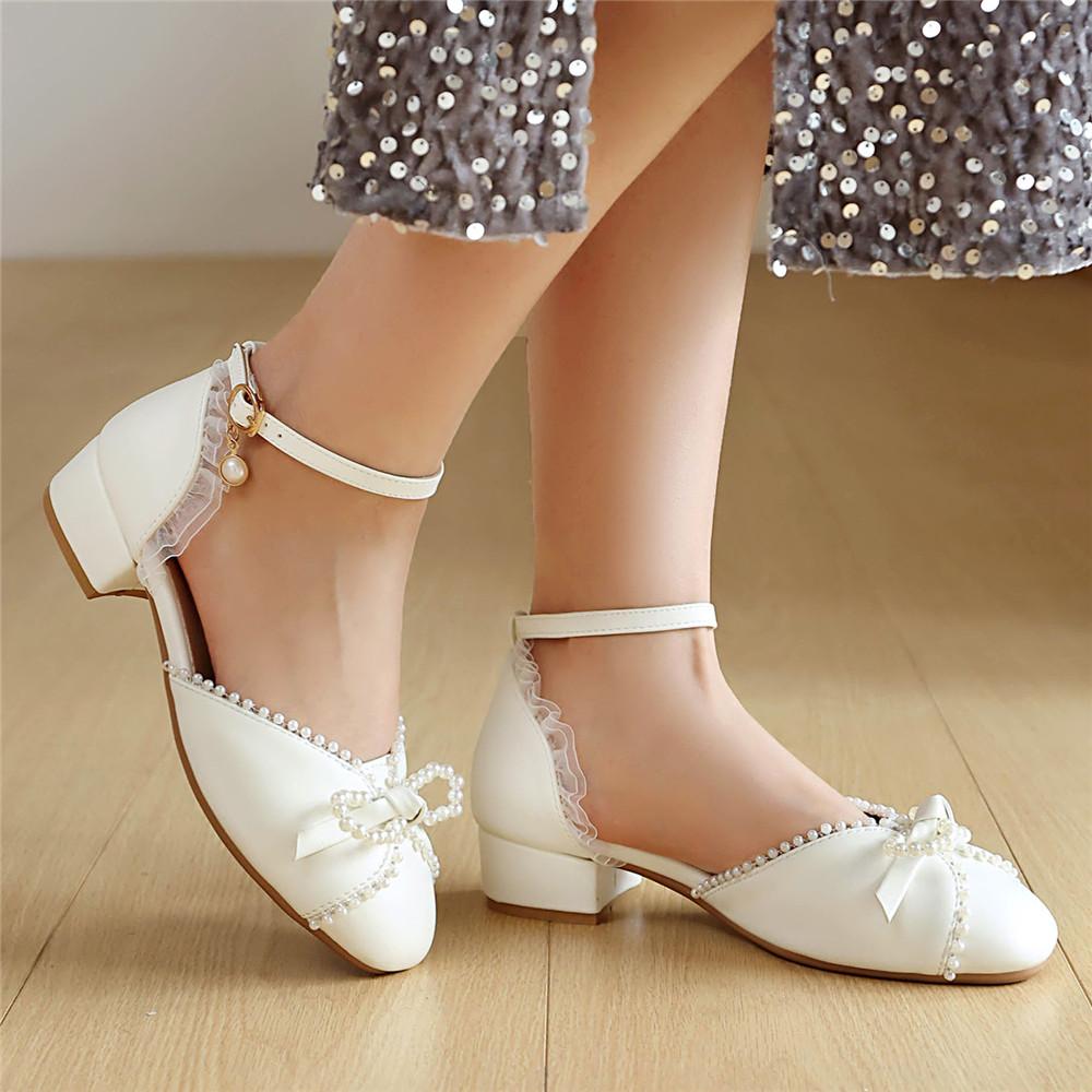 Fashion Spring Autumn Women Low Heels Mary Jane Pumps Party Wedding White Pink Beige String Bead Bow Princess Cosplay Lolita Shoes 31-48