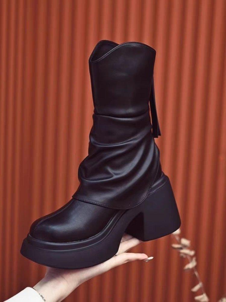 Small Thick-soled Heightening Short Tube Thin Boots Women's New Waterproof Table Thick-heeled Splicing Martin Boots In Autumn and Winter 2025