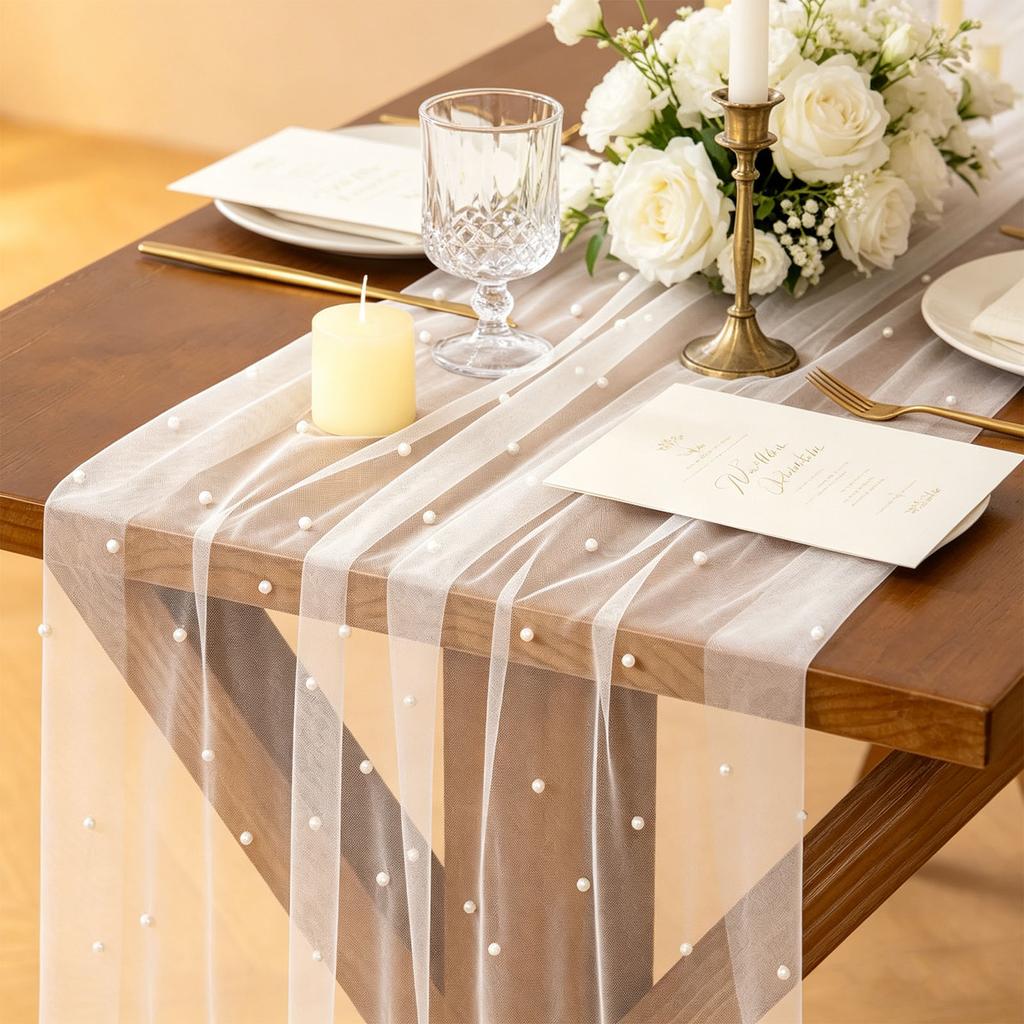 Prl Table Runner Romantic Prl Tulle Gauze Tablecloth Wedding Table Decor for Birthday Party Anniversary Holiday