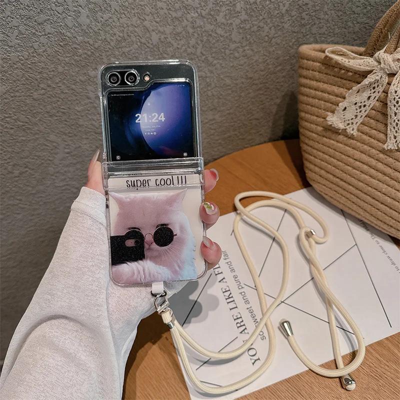 For Samsung Galaxy Z Flip 6 5 4 3 Case Z Flip5 ZFlip 5 ZFlip5 Cute Cat Long Lanyard Corssbody Hard Shockproof Cover