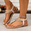 Women's Flat Sandals Open Toe Slingback Elastic Strap Casual Summer Shoes with Embellished Toe Post and Square Sole Design