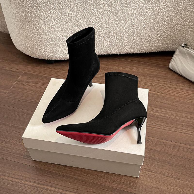 Ready Stock Red 5.5cm Stiletto Heel Velvet Ankle Boots for Women
