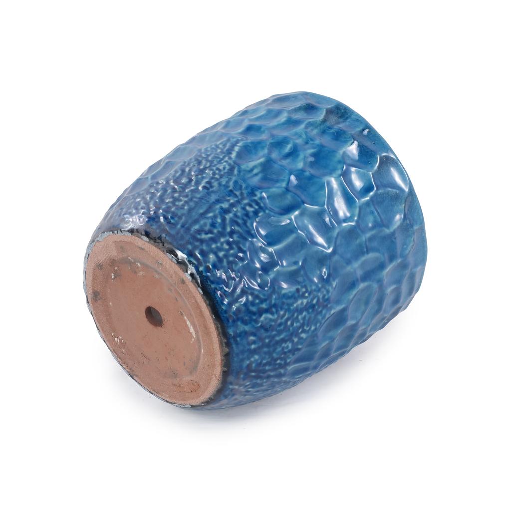 Handmade Ceramic Plant Pot Set of 4 (diameter 38/30/22.5/18 Cm), Glossy Blue with Round Hammered Relief, Frost-Resistant, with Drainage Holes