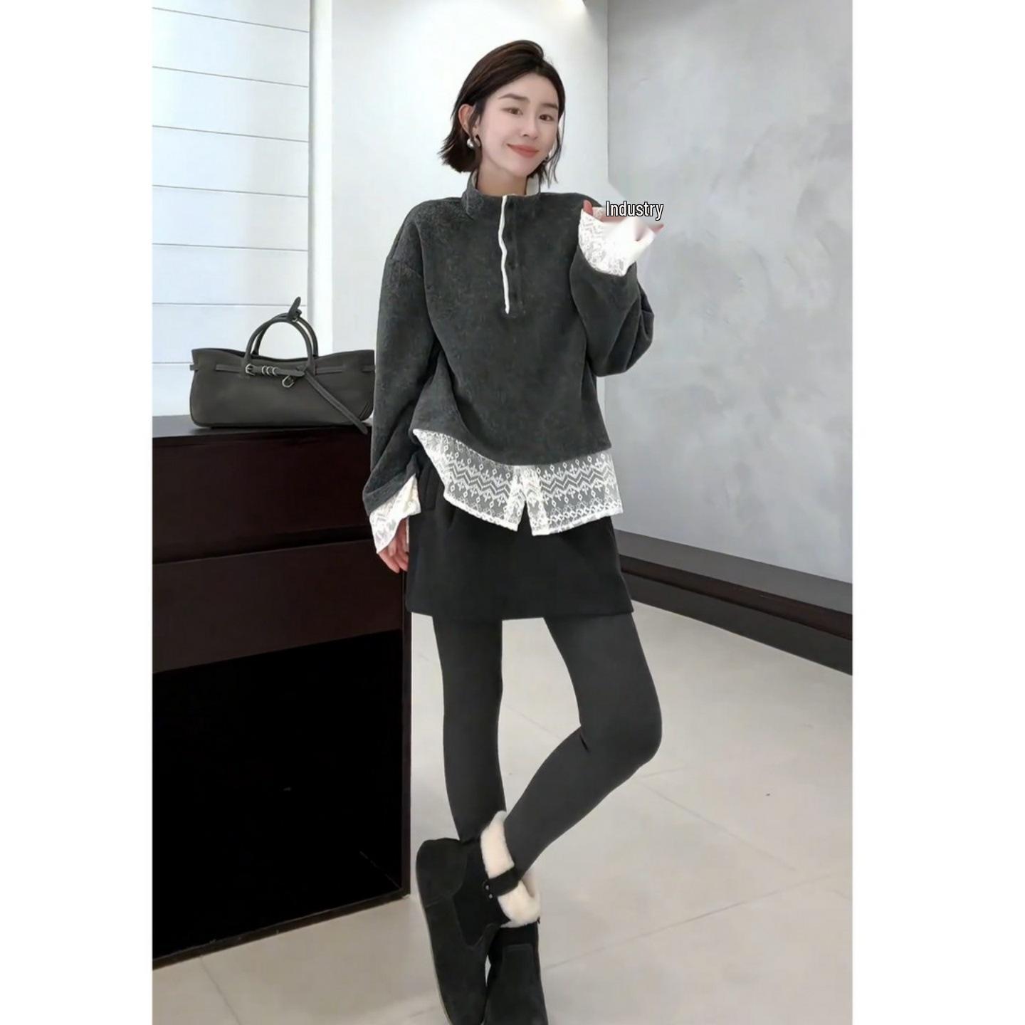 2026 Winter Retro Chic Three-Piece Set: Loose Pullover, Lapel Coat, High-Waisted Skirt M (For 95-105 jin)