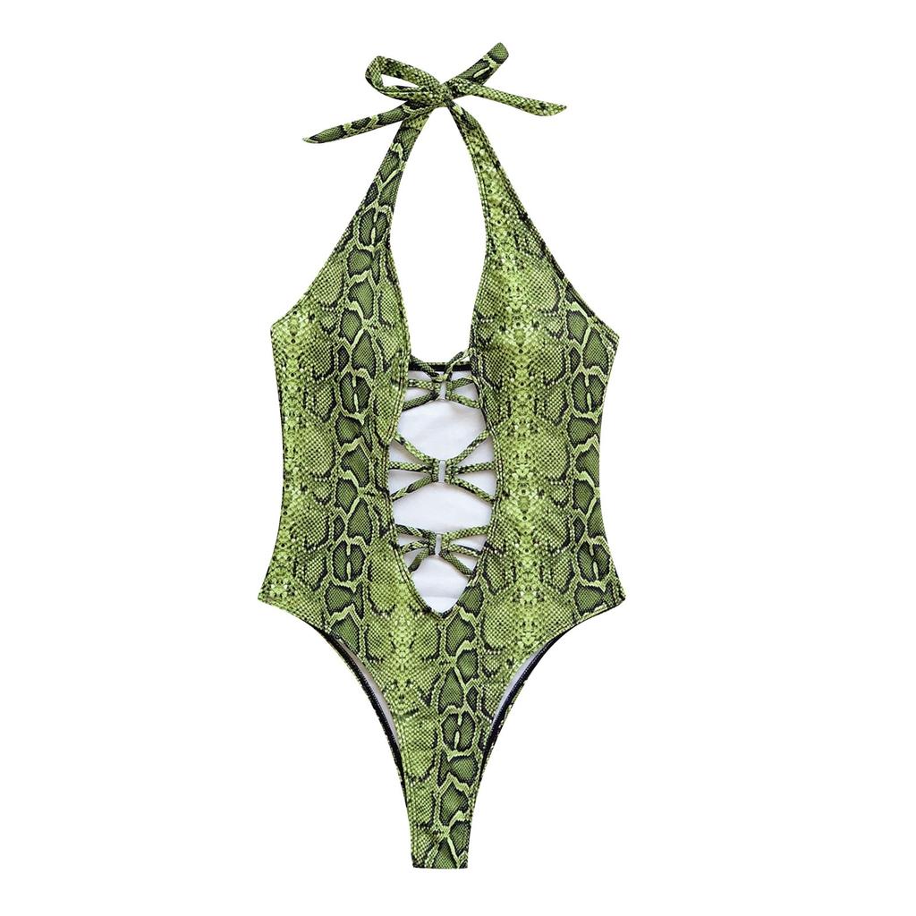 Women's One Piece Snakeskin Print Swimsuit Halter Neck Cut Out Lace Up Design Beachwear Swimwear Bodysuit
