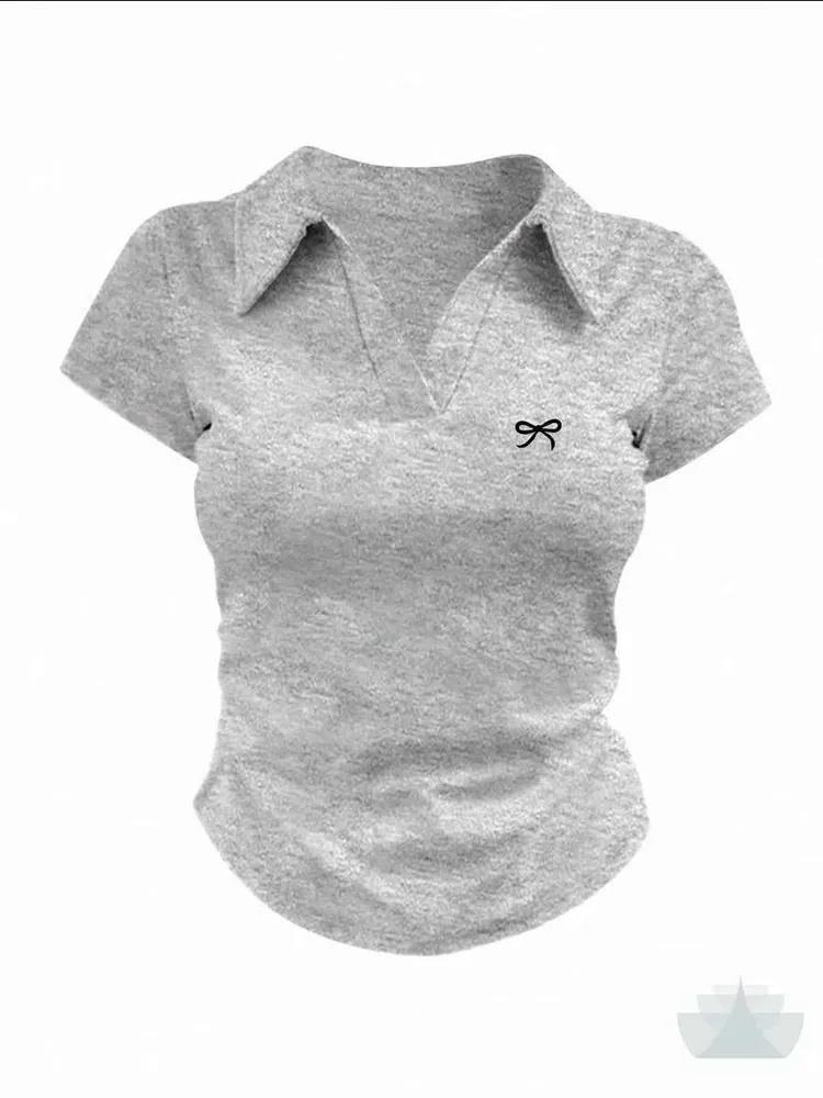 

Вишита футболка з коротким рукавом з коміром-бантиком для жінок, бавовняний топ приталеного крою з лацканами XL