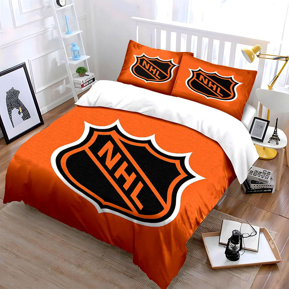 Set Biancheria da Letto Logo NHL Arancione Set Copripiumino Copripiumino Federe (1 * Copripiumino 2 * Federe, senza piumino)