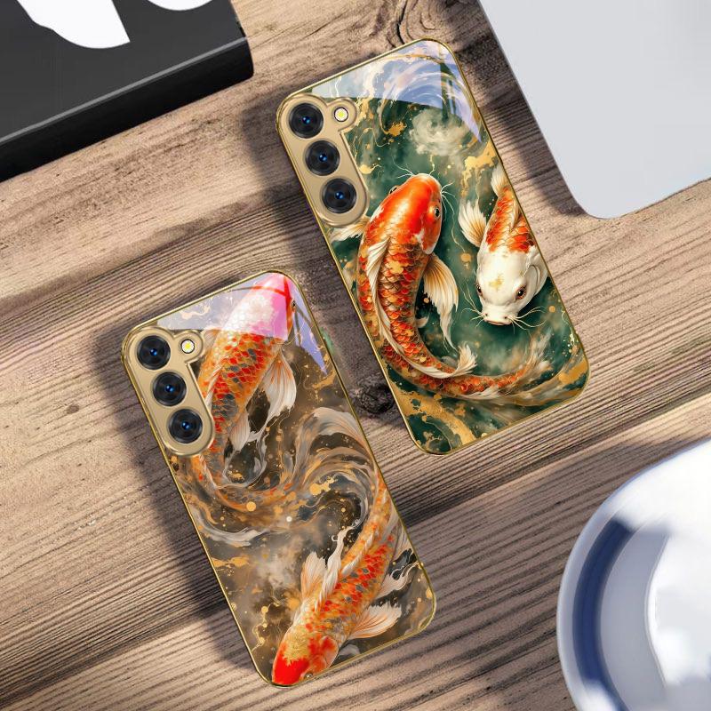 Lucky Orange Golden Koi For Samsung Galaxy S26 S20 FE S21 S22 S23 Plus S24 Ultra 25Ultra S21+ S9 S22 S8 Golden Glass Phone Case