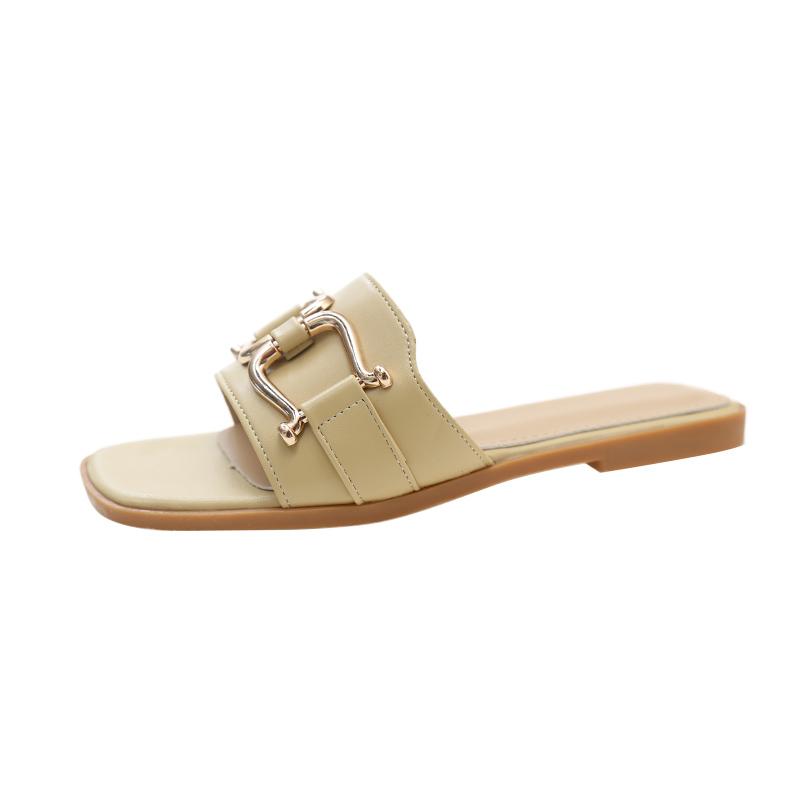 Fashion Women Wearing Flat Slippers 2025 Summer New Simple Large Size Metal Buckle Temperament Word Fairy Wind Sandals