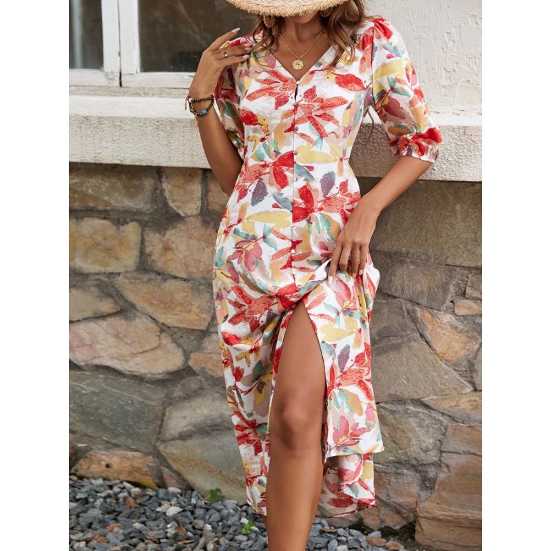 Button A-line dress V-neck floral print dress