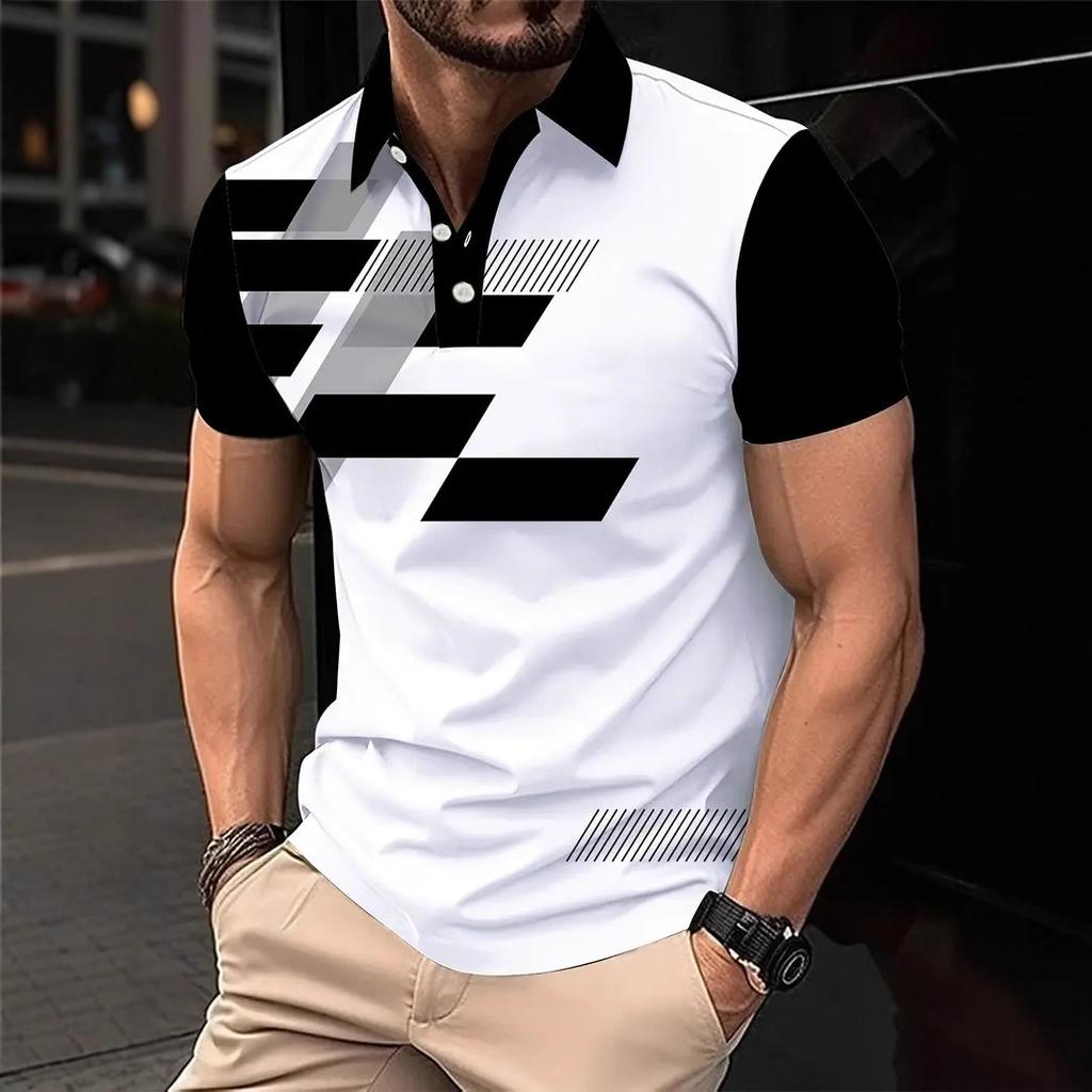 Casual Essential! Geometric Print Short Sleeve Polo Shirt for Men