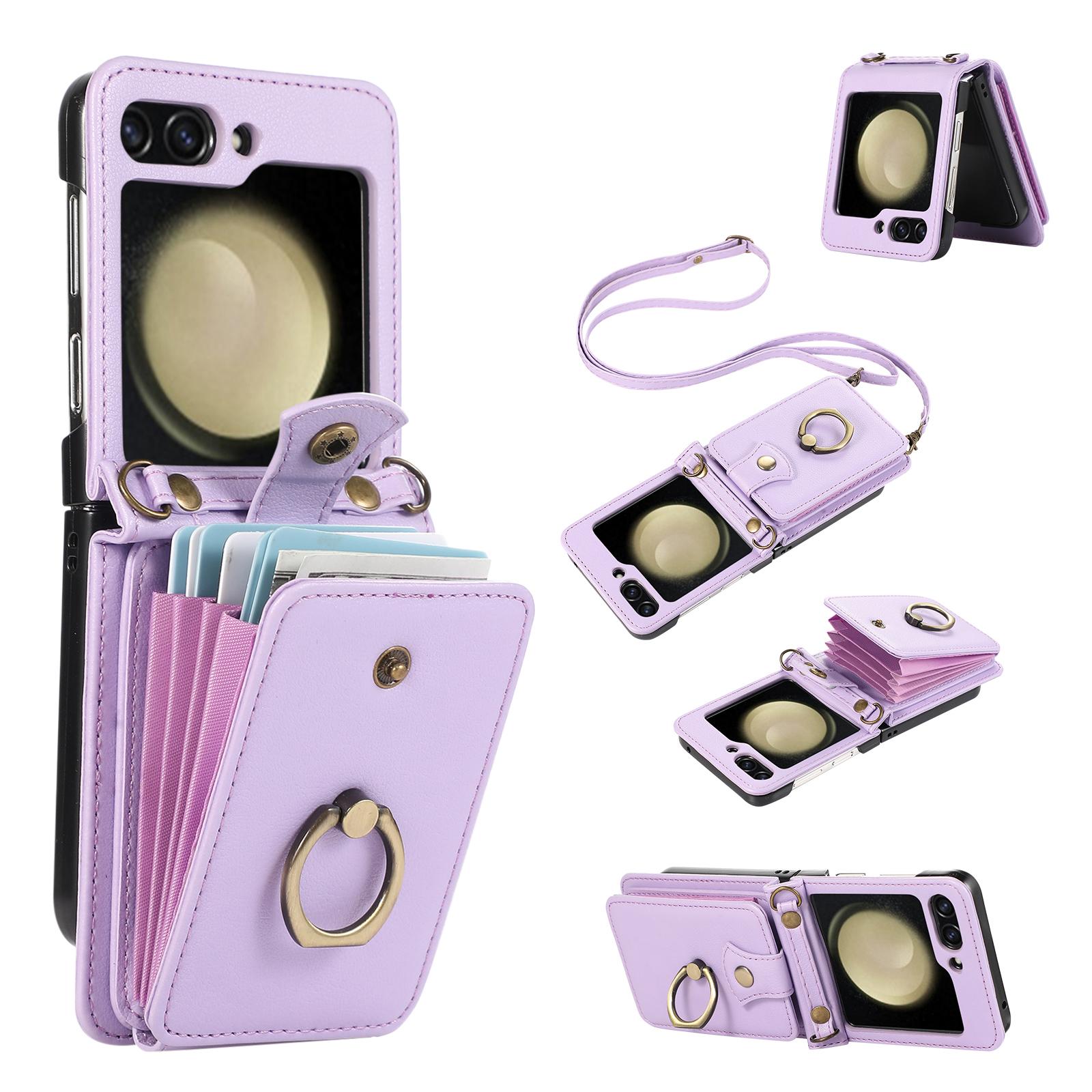 

For Samsung Galaxy Z Flip7 5G Case Card Holder Ring Kickstand TPU+PU Leather Phone Cover with Long Strap Purple