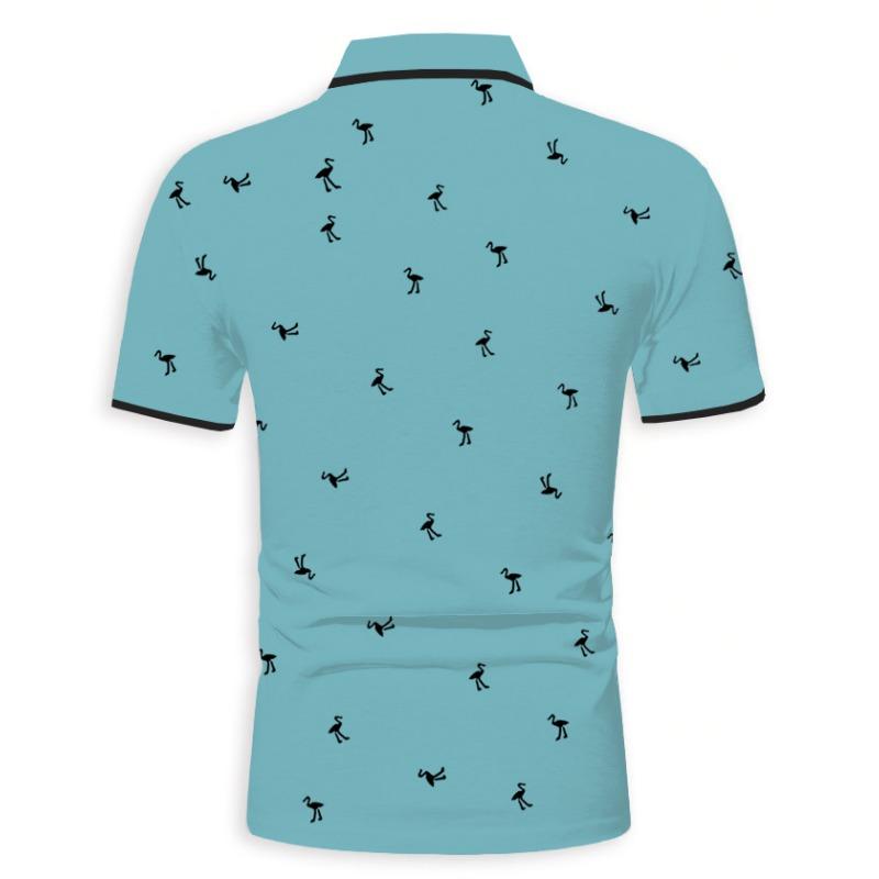 Men Fashion Flamingo Print Turn Down Collar Short Sleeve Casual Polo Shirt