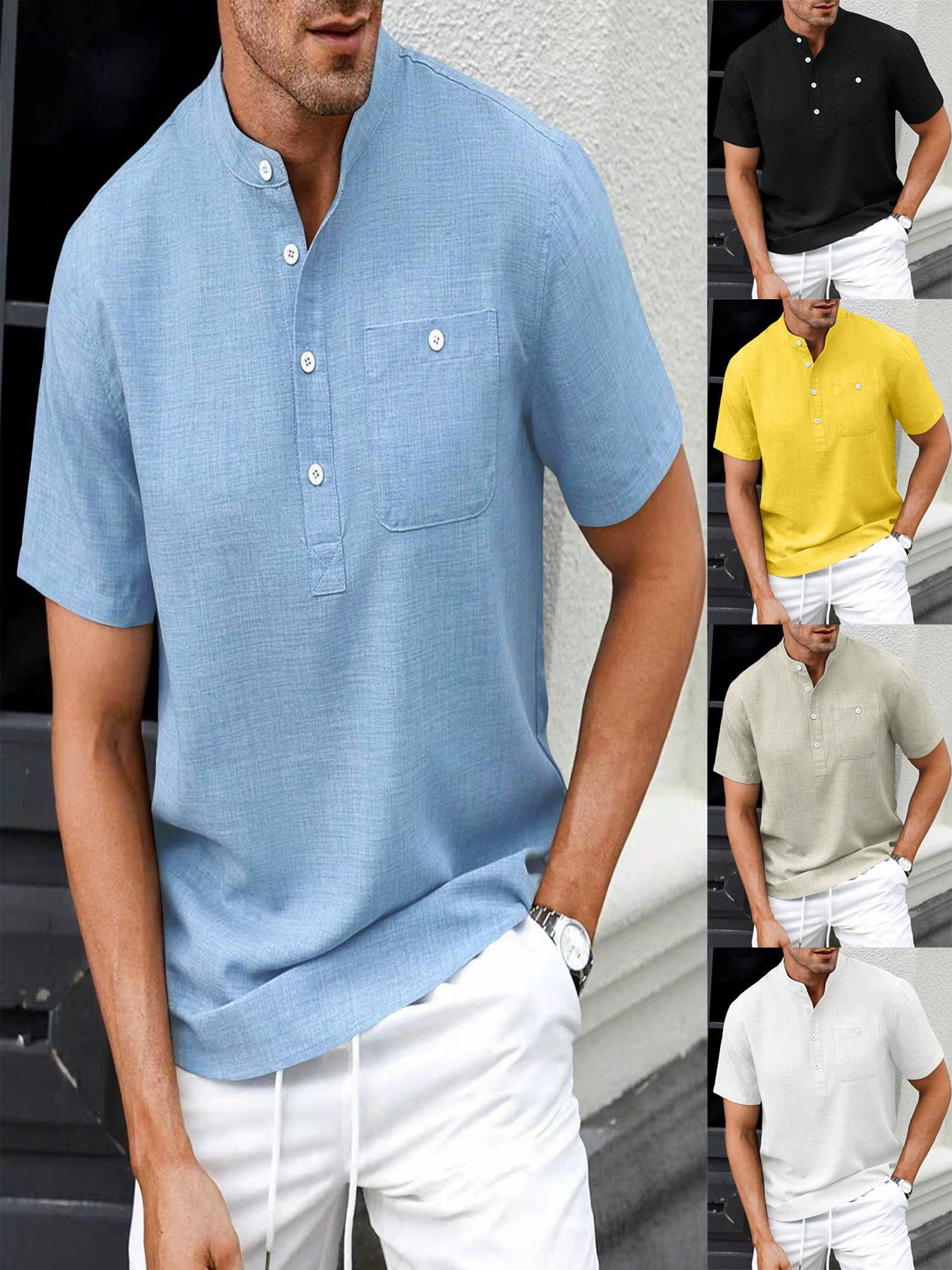 Mens Stand Collar Short Sleeve Loose Casual Solid Color Henley Shirt S синий