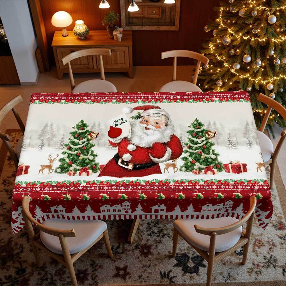 Winter Christmas Tablecloth Santa + Snow Town Red Base Color Printed Dining Table Cloth, Polyester Fabric