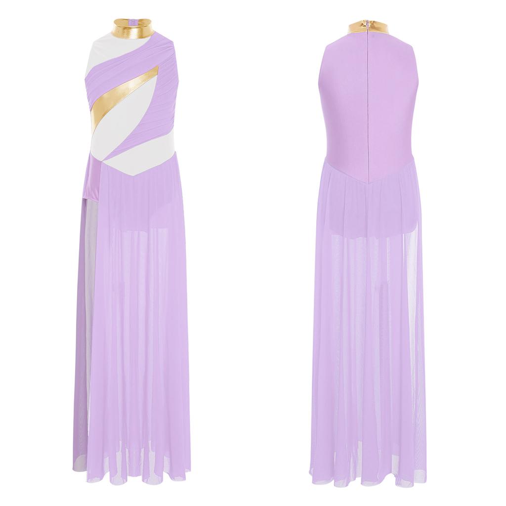 Zeitgenössisches Tanzkleid für Mädchen: Hoher Kragen mit gerafftem Netz-Oberteil, Seitenschlitz & Colorblocking-Design für Bühnenauftritte