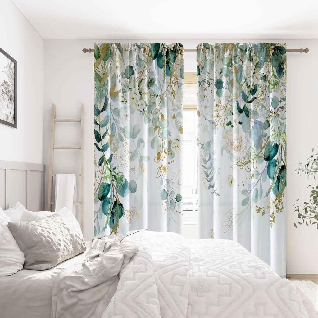 Watercolor Eucalyptus Leaves Window Curta Green Gold Floral Print Elegant Decor For Bedroom Living Room