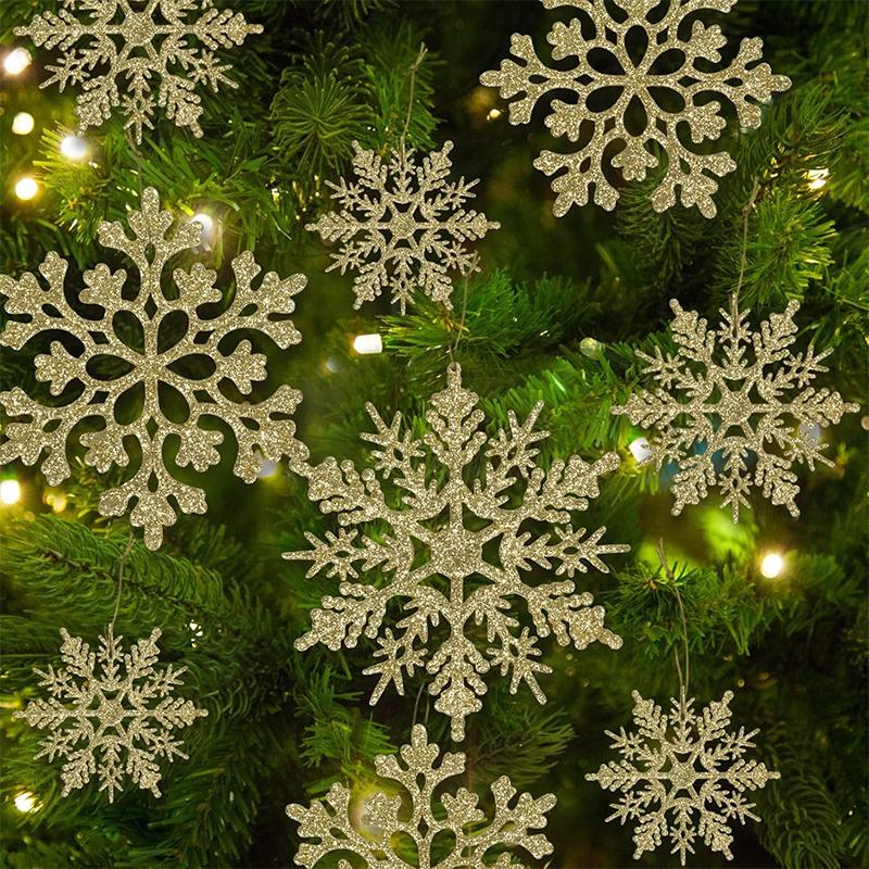 12Pcs Paper Snowflakes Christmas Tree Decorations Pendant Ornaments Glitter White Snow Flakes Indoor Winter Home New Year Decor