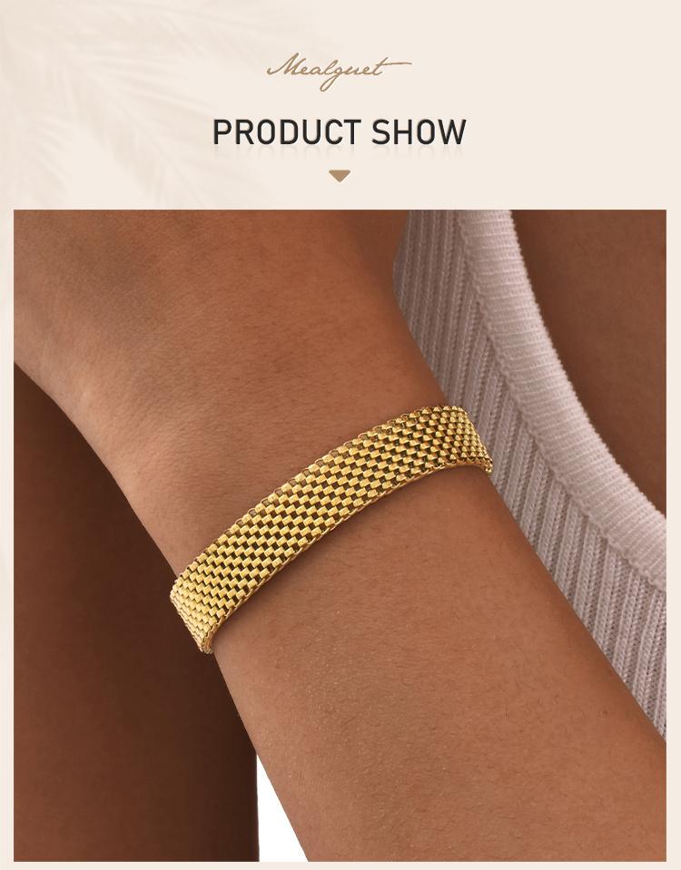Stainless Steel Chain Women Bracelet, Wide Brand Mesh Link Adjustable Wristband, 18k PVD Gold Plated Vintage Jewelry
