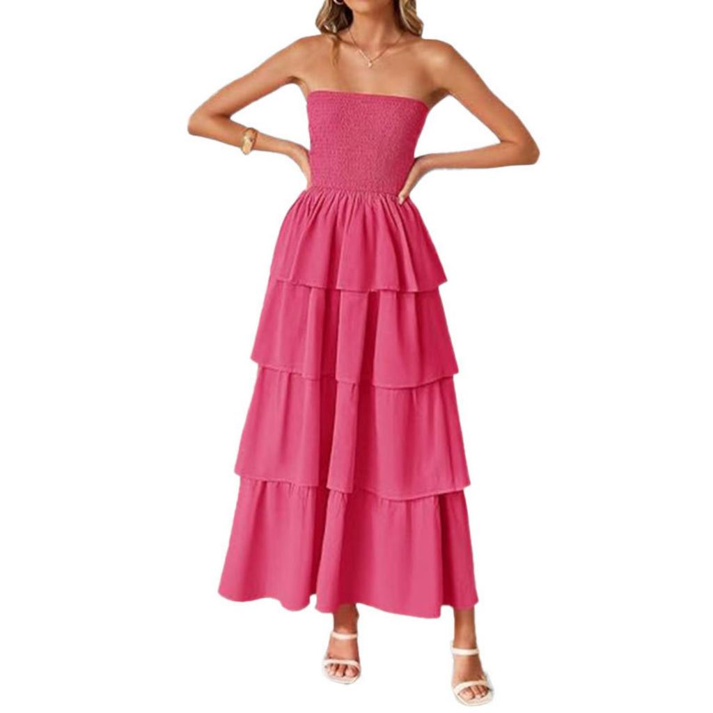 Novedad de Primavera Moda Casual para Mujer Color Sólido Smocked Bandeau Vestido de Capas Tipo Tarta para Transfronterizo Europeo Americano