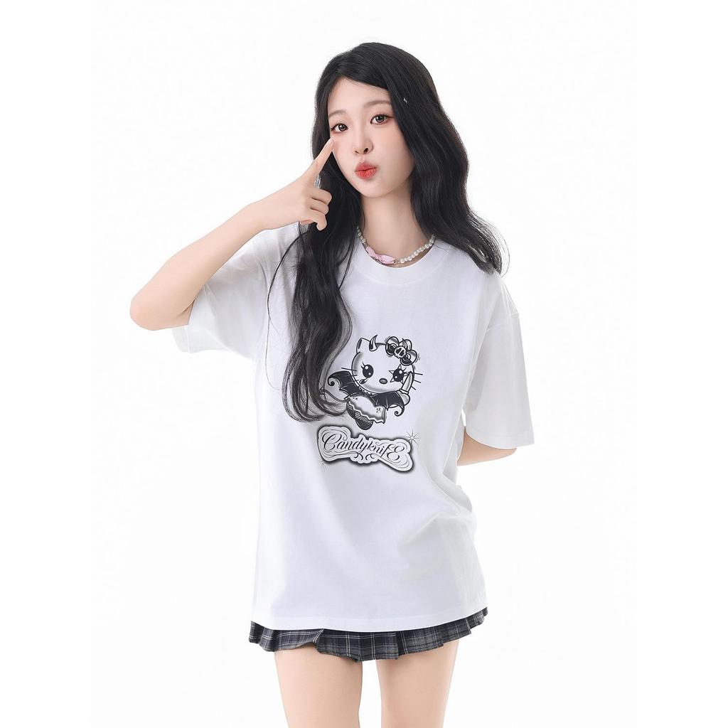 American Retro Short Sleeve Kitten Cartoon Women's Loose Top
