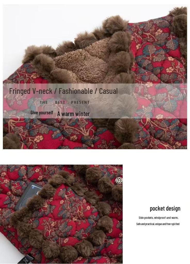 Camel Floral Fleece-Lined Tassel Vest: Versatile Spring & Autumn Wear for Middle-Aged and Elderly