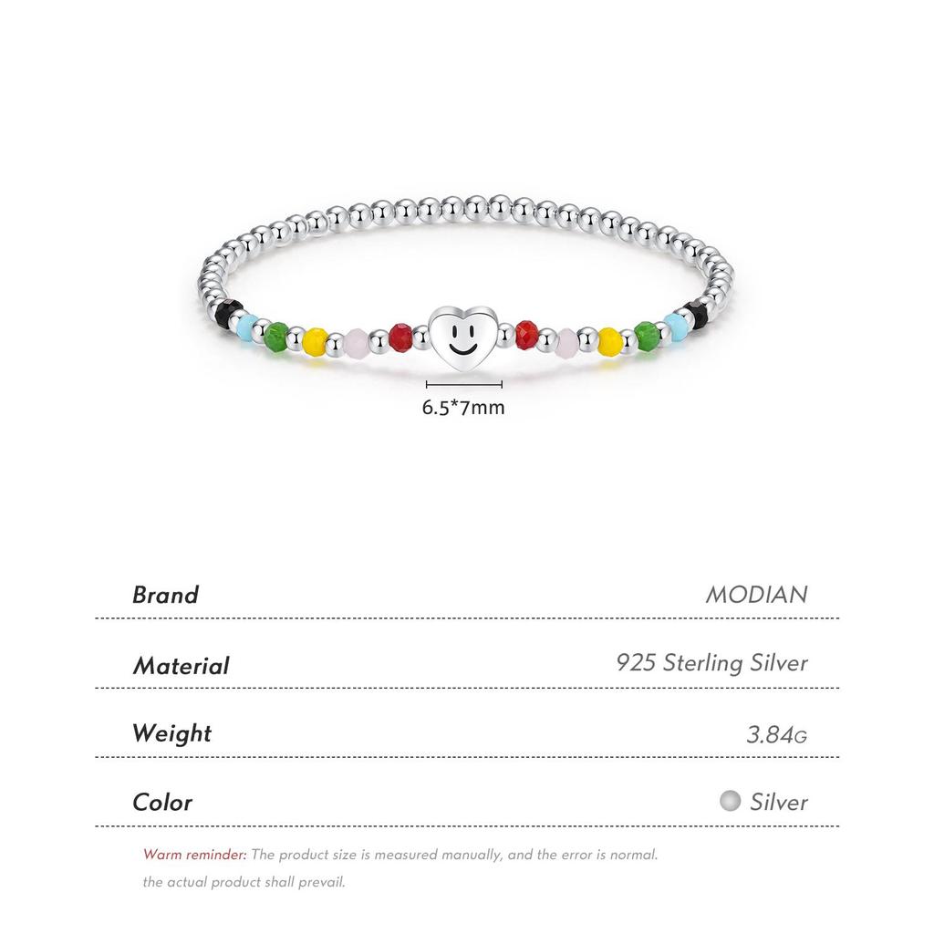 MODIAN 925 Sterling Silver Colorful Heart Love Smile Basic Beads Bracelet Adjustable Elastic Bracelets For Women Jewelry Gift