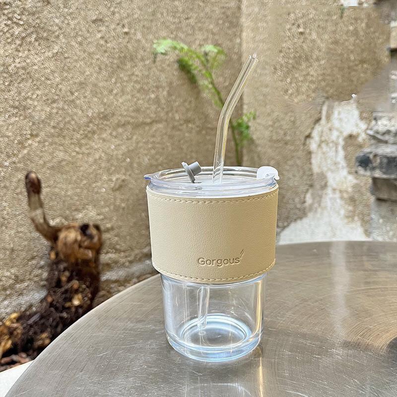 Bamboo Style Glass Cup with Straw and Lid