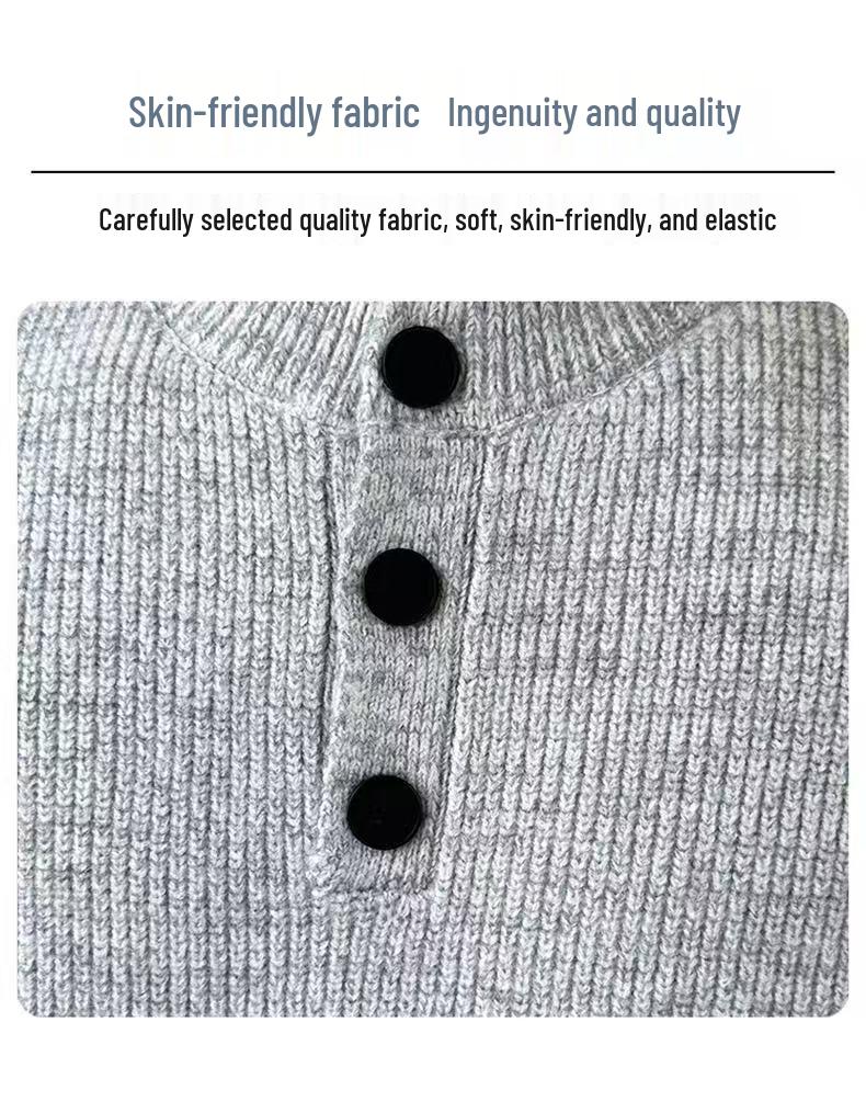 Gray Retro Henley Neck Men's Winter Sweater - Warm, High-End Knit for Cold Protection