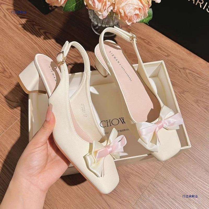 Square Head High Heels Women's Bag Head Empty Sandals Flower Thick Heel Gentle Wind Bow Middle Heel Single Shoes with Skirt