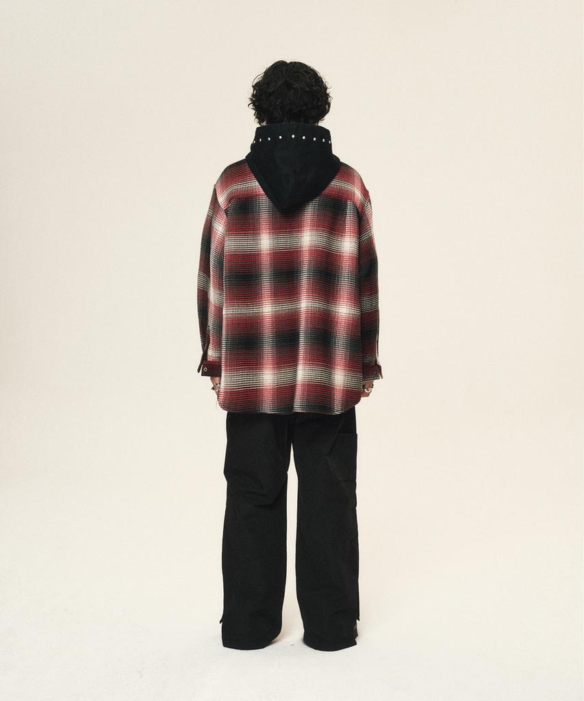 Kodeu Zipper Pocket Hooded Studded Shirt_Rd