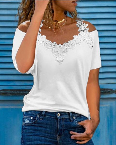

T Shirt Women New Fashion 2026 Summer V-neck Short-sleeve Lace Hollow Solid Color Casual Loose T-shirt Women Tshirt XXXL білий